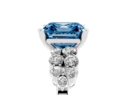 Fancy Blue Asscher Cut Diamond Cluster Engagement Ring Set in Platinum with Pavé Band and Prong Setting