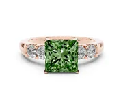 Fancy Green Princess Cut Diamond Five-Stone Prong Set Engagement Ring Set in Rose gold with Channel Band