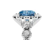 Fancy Blue Radiant Cut Diamond Floral Halo Ring Set in Platinum with Shared Prong Band