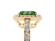 Fancy Green Emerald Cut Diamond Halo Pavé Engagement Ring Set in Yellow gold with Bezel Setting