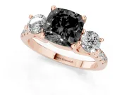 Fancy Black Three-Stone Cushion Cut Diamond Pavé Band Ring Set in Rose gold with Prong-Set Trio