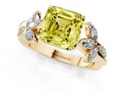 Fancy Yellow Asscher Cut Diamond Floral Vine Solitaire Engagement Ring Set in Yellow gold with Marquise Leaves