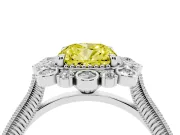 Fancy Yellow Cushion Cut Diamond Halo Milgrain Pavé Ring Set in Platinum with Prong Setting