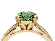 Fancy Green Oval Cut Diamond Solitaire Ring Set in Yellow gold with Milgrain Double Row Round Pavé Band