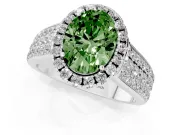 Fancy Green Oval Cut Diamond Halo Ring Set in Platinum with Pavé Band and Raised Center Setting