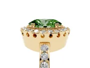 Fancy Green Oval Cut Diamond Halo Ring Set in Yellow gold with Pavé Shank and Prong Setting