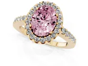 Fancy Pink Oval Cut Diamond Halo Pavé Solitaire Ring Set in Yellow gold with Prong-Set Center Stone