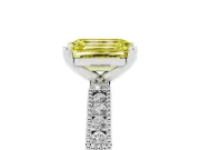 Fancy Yellow Emerald Cut Diamond Solitaire Ring Set in Platinum with Slim Pavé Band and Prong Setting