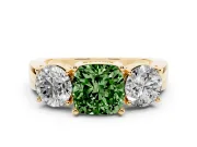 Cushion Cut Three Stone Engagement Ring Setting for a Fancy Green Lab-Grown Diamond | Wide Plain Band | Yellow Gold