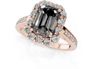 Fancy Black Emerald Cut Diamond Floral Halo Ring Set in Rose gold with Pavé Band and Prong Setting