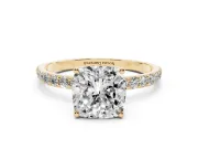 Cushion Cut Pave Solitaire Engagement Ring Setting | Fine Line Pave Band | Yellow Gold
