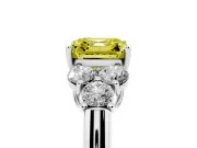 Fancy Yellow Asscher Cut Diamond Cluster Ring Set in White gold with Round Accent Stones and Prong Setting on a Plain Band