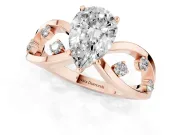 Pear Cut Diamond Solitaire Ring Set in Rose gold with Side Stones on Criss-Cross Band and Prong Setting