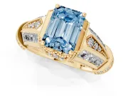Fancy Blue Emerald Cut Diamond Vintage-Inspired Milgrain Ring Set in Yellow gold with Accent Split Shank