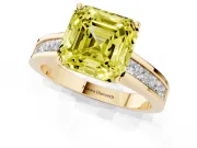 Fancy Yellow Asscher Cut Diamond Solitaire Ring Set in Yellow gold with Channel-Set Band and Prong Setting