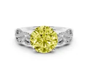 Fancy Yellow Round Cut Diamond Milgrain Leaf Band Solitaire Ring Set in Silver with Accent Stones and Prong Setting