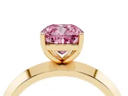 Fancy Pink Cushion Cut Diamond Solitaire Engagement Ring Set in Yellow gold with Flat Band and Prong Setting