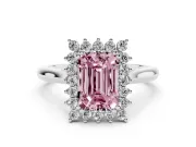 Fancy Pink Emerald Cut Diamond Halo Ring Set in Silver with Plain Solitaire Band and Prong Setting