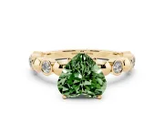 Fancy Green Heart Cut Diamond Solitaire Ring Set in Yellow gold with Bezel-Set Accents on Beaded Band and Prong Setting