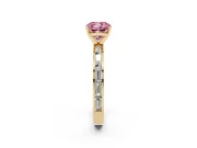 Fancy Pink Cushion Cut Diamond Solitaire Ring Set in Yellow gold with Channel-Set Baguette Band and Prong Setting
