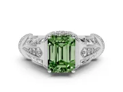 Fancy Green Emerald Cut Diamond Vintage-Inspired Milgrain Ring Set in Platinum with Accent Split Shank
