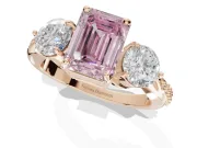 Emerald Cut Three Stone Engagement Ring Setting for a Fancy Pink Lab-Grown Diamond | Tapered Pave Band | Rose Gold