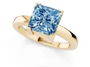 Fancy Blue Princess Cut Diamond Solitaire Ring Set in Yellow gold with Prong Head and Smooth Polished Band