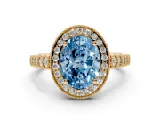 Oval Milgrain Halo Engagement Ring Setting for a Fancy Blue Lab-Grown Diamond | Graduated Bezel Accents | Yellow Gold
