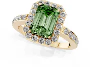Fancy Green Emerald Cut Diamond Halo Ring Set in Yellow gold with Pavé-Setting Band and Open Prong Center
