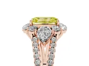 Fancy Yellow Emerald Cut Diamond Halo Split Shank Engagement Ring Set in Rose gold with Prong-Held Center Stone