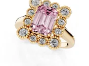 Emerald Cut Milgrain Cluster Halo Engagement Ring Setting for a Fancy Pink Lab-Grown Diamond | Plain Band | Yellow Gold