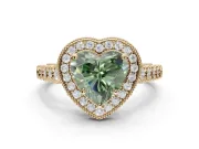 Fancy Green Heart-Shaped Lab-Grown Diamond Milgrain Halo Solitaire Ring Set in Yellow Gold with Bezel Set Side Stones and Pavé Band