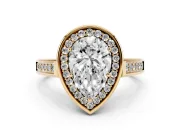 Pear Cut Diamond Halo Solitaire Ring Set in Yellow gold with Pavé Band and Bezel Setting