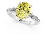 Fancy Yellow Oval Cut Diamond Solitaire Vine Band Ring Set in White gold with Round Accents and Prong Setting