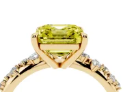 Fancy Yellow Asscher Cut Diamond Solitaire Vine Band Ring Set in Yellow gold with Round Accents and Prong Setting