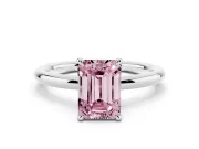 Fancy Pink Emerald Cut Diamond Solitaire Ring Set in Platinum with Thin Band and Prong Setting