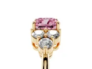 Fancy Pink Cushion Cut Diamond Solitaire Ring Set in Yellow gold with Cluster Accents on Each Side