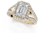 Emerald Cut Halo Pavé Engagement Ring Setting | Narrow Split Shank | Yellow Gold