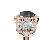 Round Three Stone Halo Engagement Ring Setting for a Black Center | Haloed Side Stones | Rose Gold