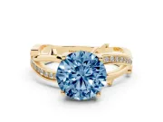 Fancy Blue Round Cut Diamond Pavé Twist Band Solitaire Ring Set in Yellow gold with Prong Setting