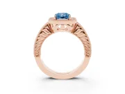 Fancy Blue Radiant Cut Diamond Halo Ring Set in Rose gold with Round Accent Halo, Pavé Band and Prong Setting