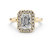 Emerald Cut Halo Round Diamond Solitaire Ring Set in Yellow gold with Pavé Band and Prong Setting