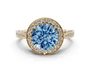 Round Milgrain Halo Engagement Ring Setting for a Fancy Blue Lab-Grown Diamond | Side Stones | Yellow Gold