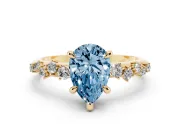 Fancy Blue Pear Cut Diamond Solitaire Vine Band Ring Set in Yellow gold with Round Accents and Prong Setting