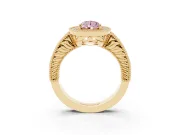 Fancy Pink Pear Cut Diamond Halo Ring Set in Yellow gold with Round Accent Halo, Pavé Band and Prong Setting