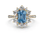 Fancy Blue Emerald Cut Diamond Floral Halo Ring Set in Yellow gold with Round Pavé Band and Prong Setting