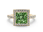 Fancy Green Princess Cut Diamond Pavé Band Halo Engagement Ring Set in Yellow gold with Prong Setting