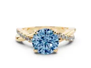Fancy Blue Round Cut Diamond Twist Band Solitaire Set in Yellow gold with Pavé Accents and Prong Setting