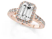 Emerald Cut Diamond Halo Engagement Ring Set in Rose gold with Pavé Band and Prong Setting