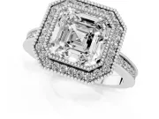 Asscher Cut Diamond Halo Ring Set in White gold with Pavé Band and Milgrain-Edged Prongs